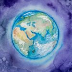 Weltkugel Aquarell gemalt mit lila Hintergrund
