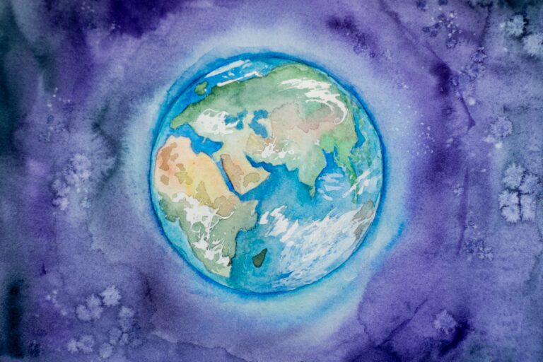 Weltkugel Aquarell gemalt mit lila Hintergrund
