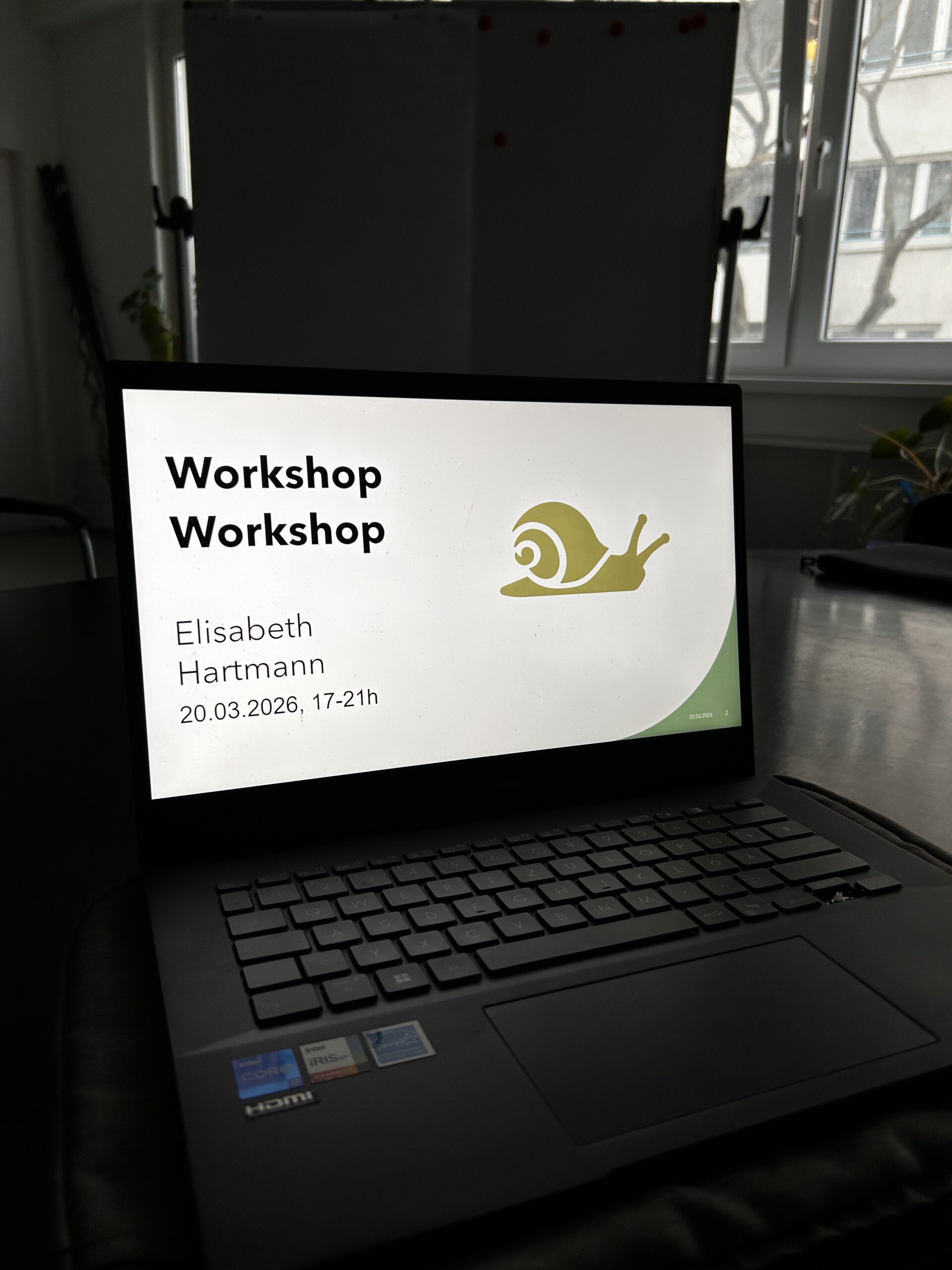 offener Laptop mit dem Text Workshop Workshop und dem Bild einer Schnecke