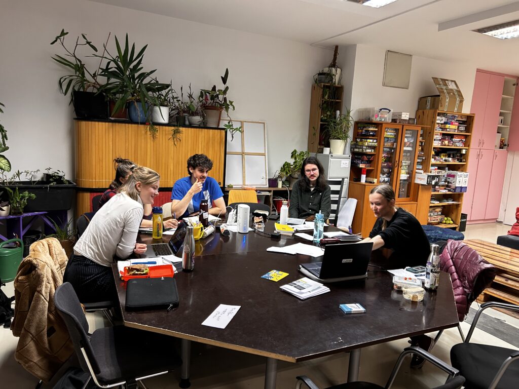 5 junge, weiße Menschen sitzen um einen Tisch; eine Person erklärt etwas