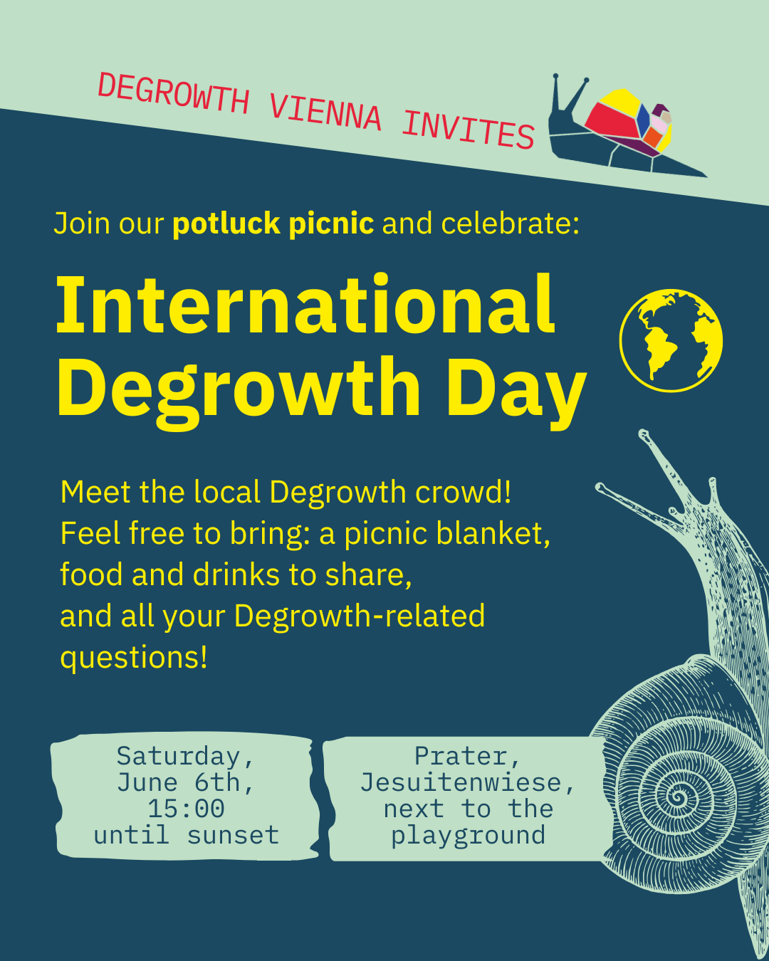 DEGROWTH VIENNA INVITES: Join our potluck picnic and celebrate: Meet the local Degrowth crowd! Feel free to bring: a picnic blanket, food and drinks to share, and all your Degrowth-related questions!